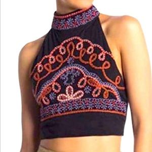Free People Goa Embroidered Boho Crop Halter Top Black Combo Size S NEW with Tag